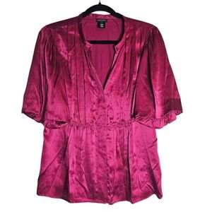 Nine West Pure Silk Charmeuse Blouse Magenta Elbow Sleeve V-Neck Sz 12‎